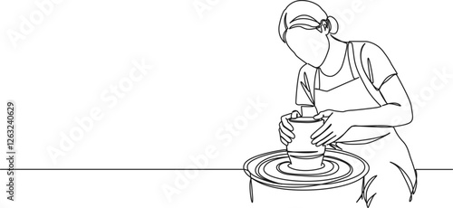 continuous single line drawing of female pottery maker, line art vector illustration