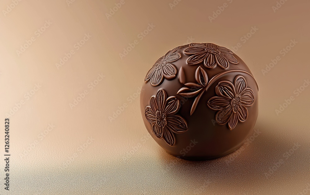 A chocolate bonbon with delicate floral patterns embossed on its surface, elegant beige gradient background A chocolate bonbon with delicate floral patterns embossed on its surface, elegant beige gradient background