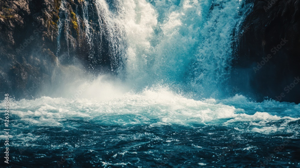 Fototapeta premium Powerful Waterfall Cascading into a Turquoise River