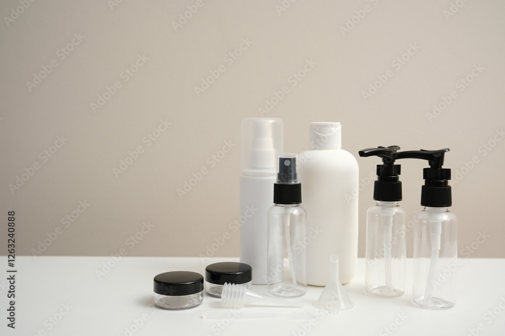 Mini Cosmetic empty bottles and containers for travelling on white table. Beauty saloon. Mini Cosmetic empty bottles and containers for travelling on white table. Beauty saloon.