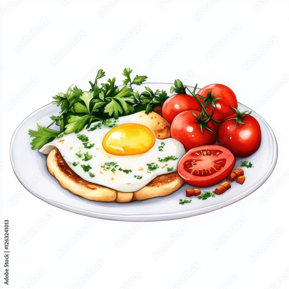 Delicious breakfast plate with fried egg, fresh tomatoes, greens, and a slice of bread on a white background Delicious breakfast plate with fried egg, fresh tomatoes, greens, and a slice of bread on a white background