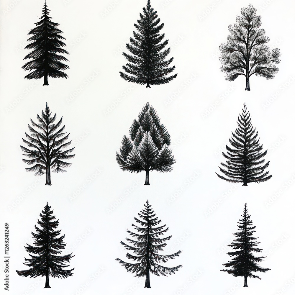 Obraz premium Nine Black Ink Drawings Of Various Tree Types