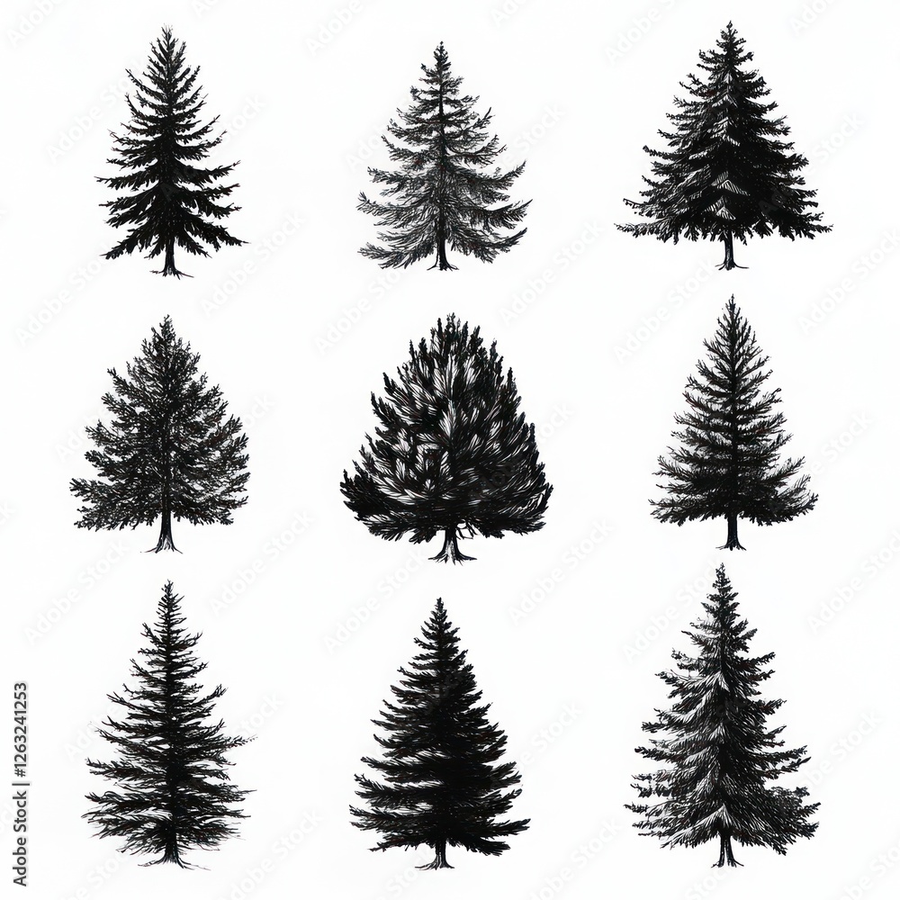 Obraz premium Nine Black Ink Drawings Of Various Conifer Trees