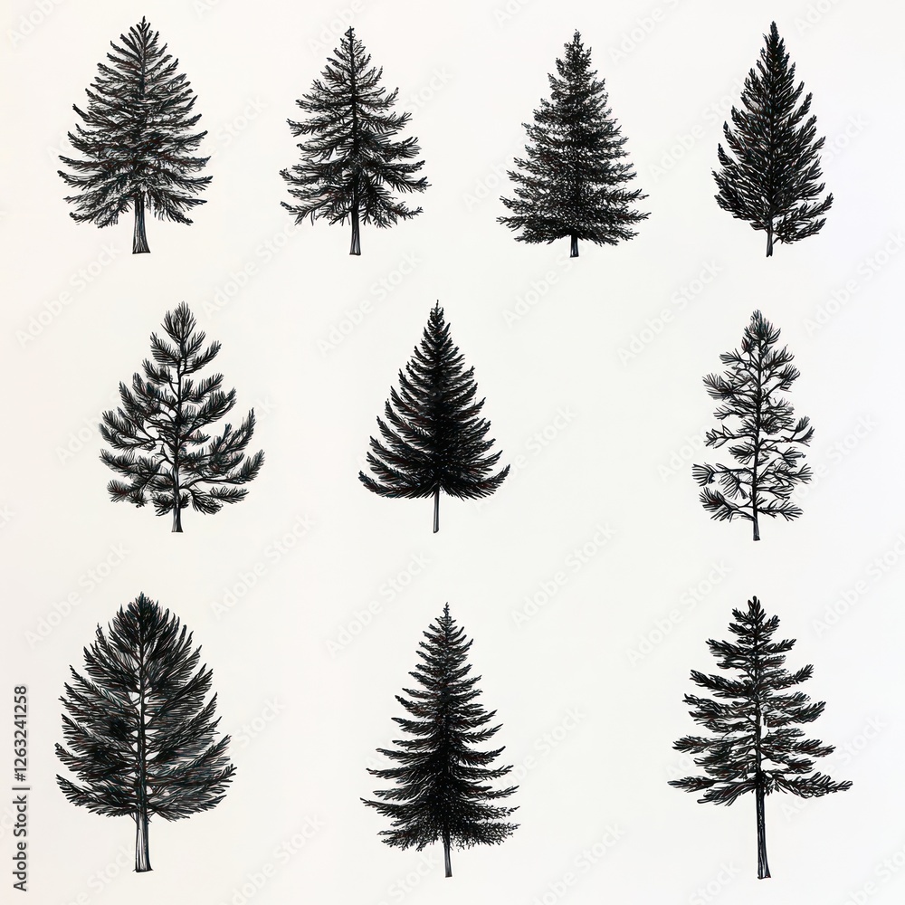 Obraz premium Twelve Hand Drawn Conifer Tree Silhouettes