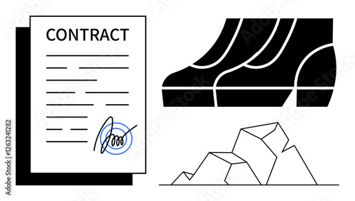 Signed contract, pair of corporate shoes, and group of large rocks. Ideal for business agreements, collaboration, commitment, negotiations, corporate foundations, professional stability abstract