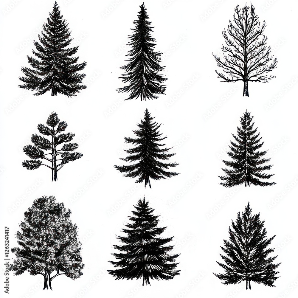 Nine Ink Drawings Of Various Tree Species Nine Ink Drawings Of Various Tree Species