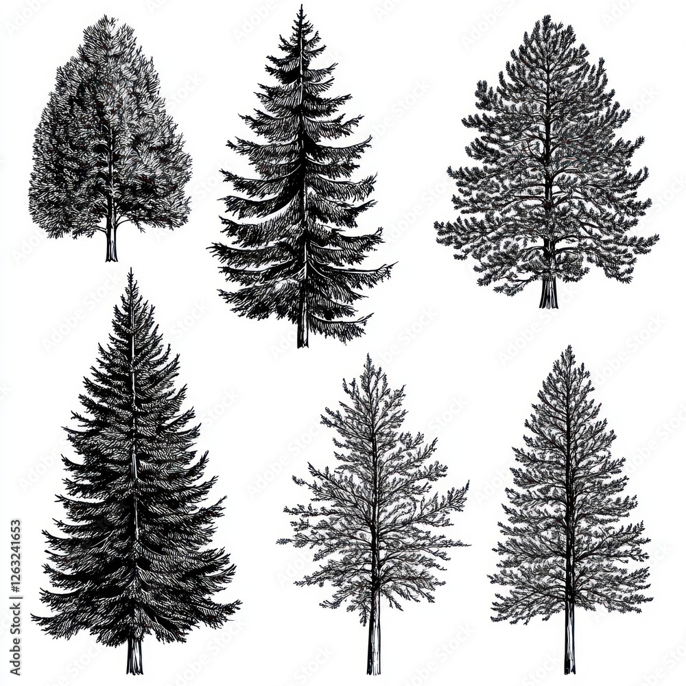 Fototapeta premium Collection of Six Different Black Ink Tree Drawings
