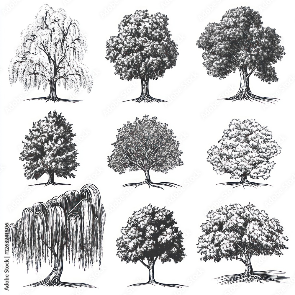 Fototapeta premium Collection of Nine Ink Drawings of Various Trees