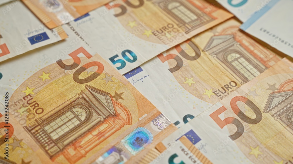 European union euro banknotes scattered showcasing vibrant colors and security features promoting financial theme. European union euro banknotes scattered showcasing vibrant colors and security features promoting financial theme.