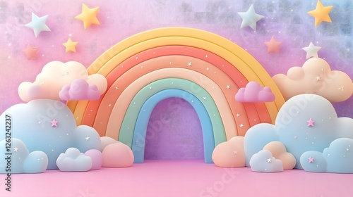 A vibrant rainbow arches over soft clouds and delicate stars, creating a whimsical environment. The pastel colors blend harmoniously, evoking a dreamy fantasy world.