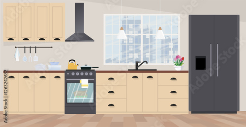 Modern kitchen in flat style. Kitchen interior with furniture. 