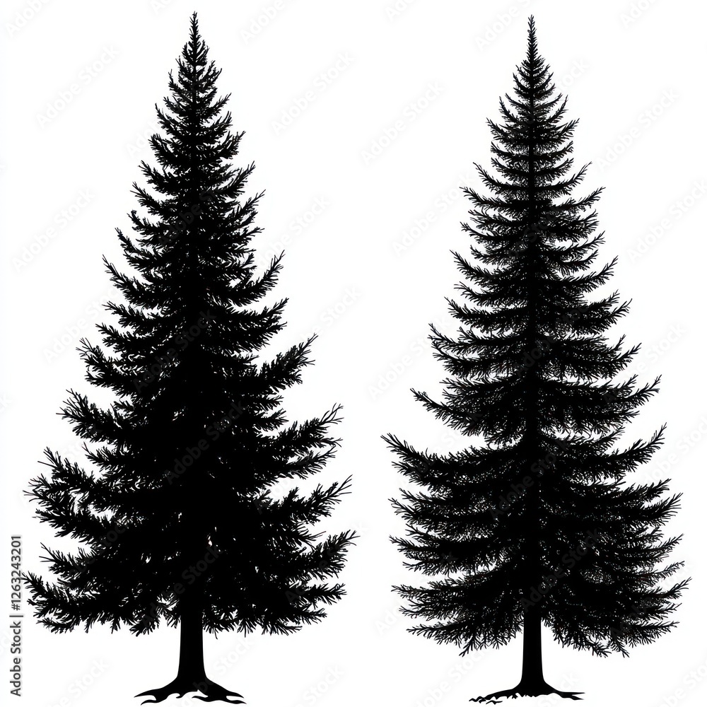 Fototapeta premium Two Tall Evergreen Tree Silhouettes Against White Background