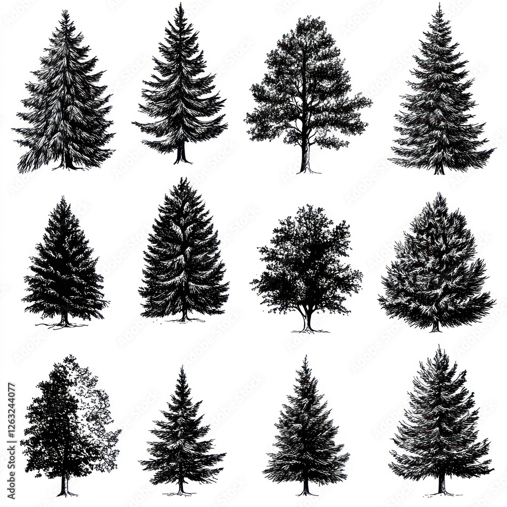 Obraz premium Twelve Ink Drawings Of Various Tree Species