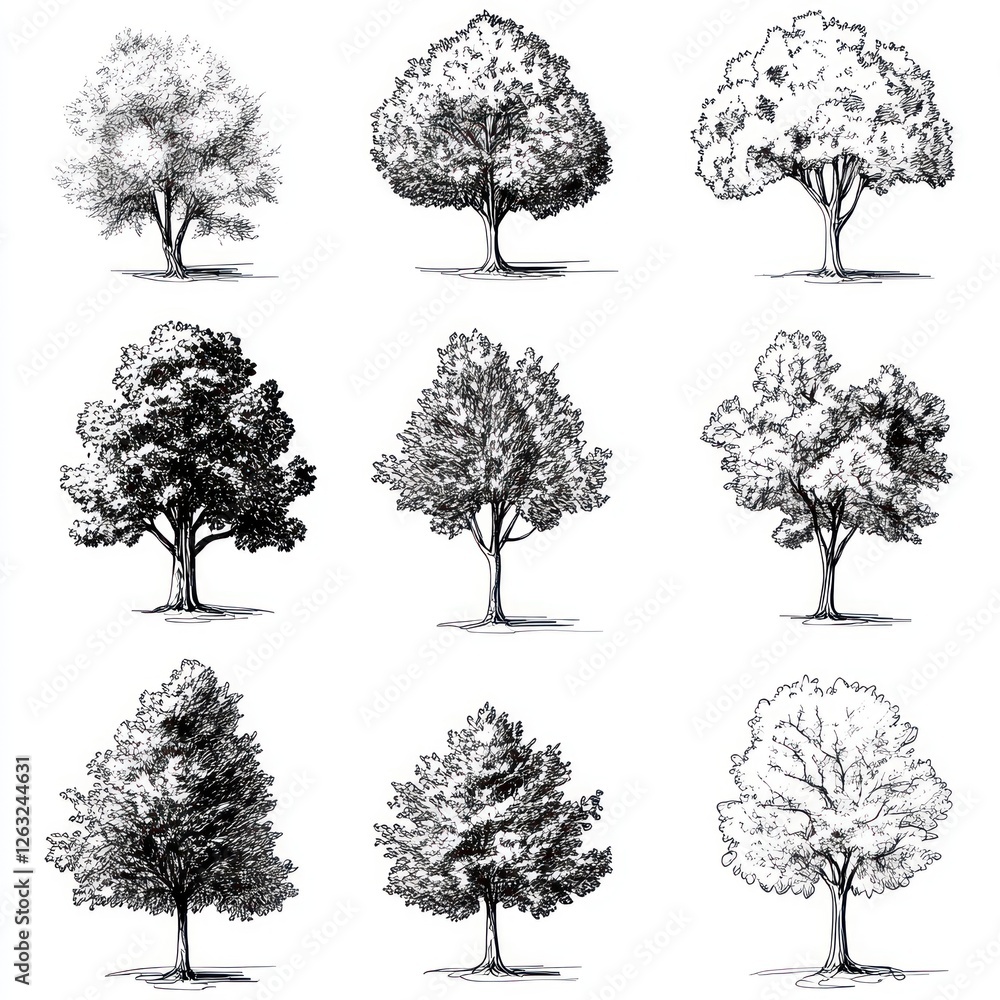 Fototapeta premium Nine Detailed Ink Drawings of Various Trees
