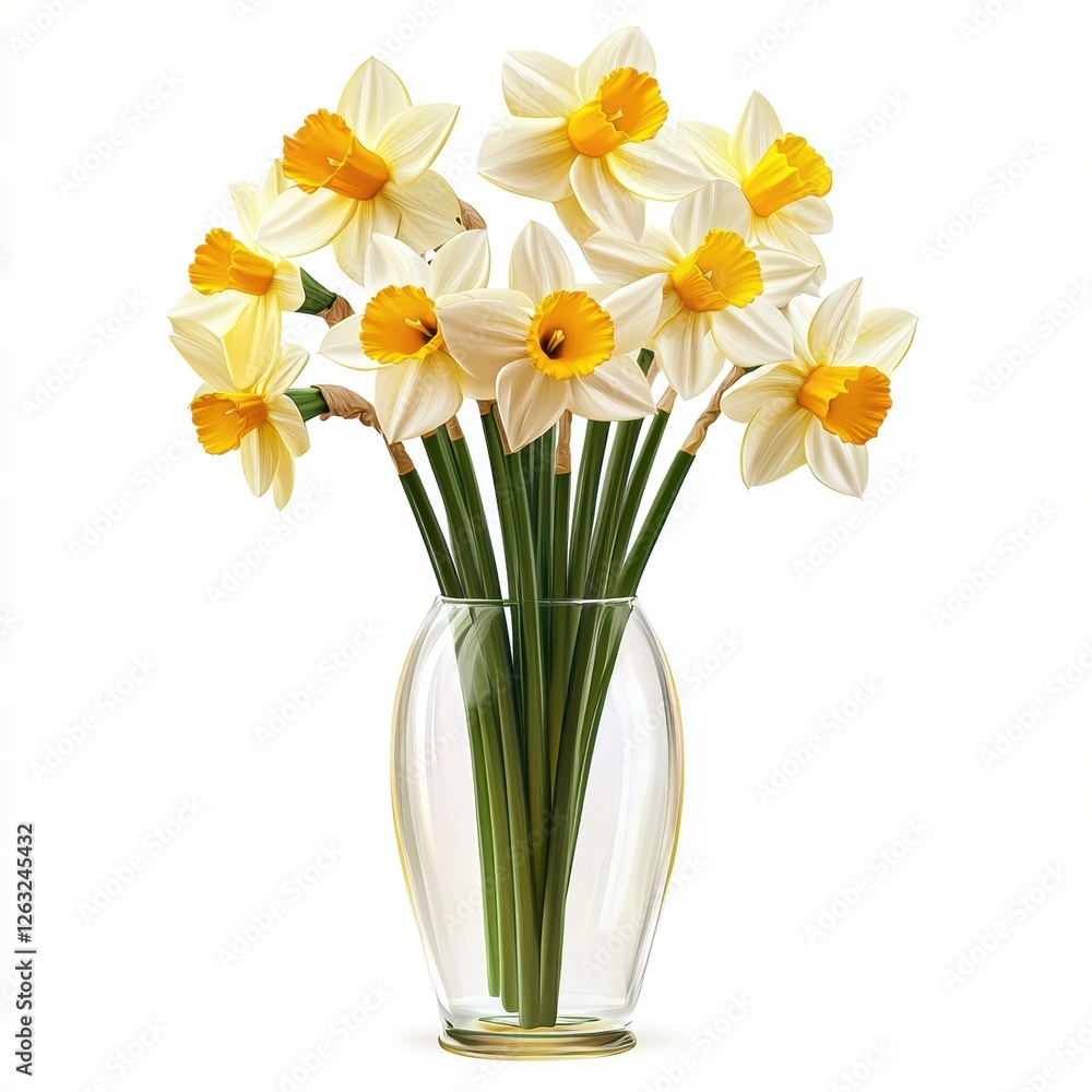 Bunch of Daffodils in glass vase, isolated on white Bunch of Daffodils in glass vase, isolated on white