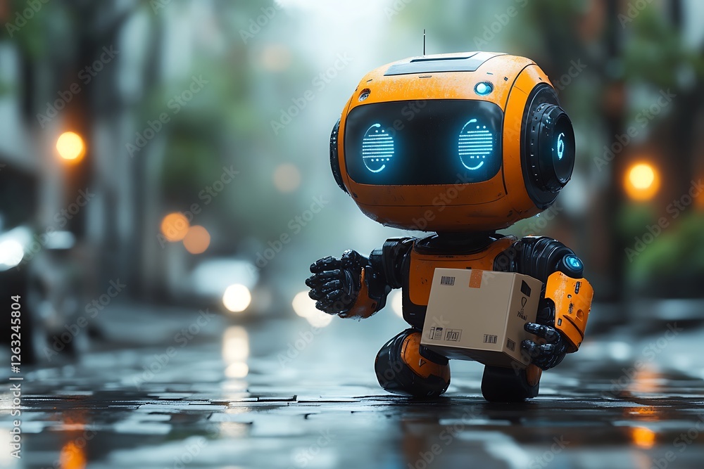 Futuristic Robot Holding a Package in a Modern Warehouse