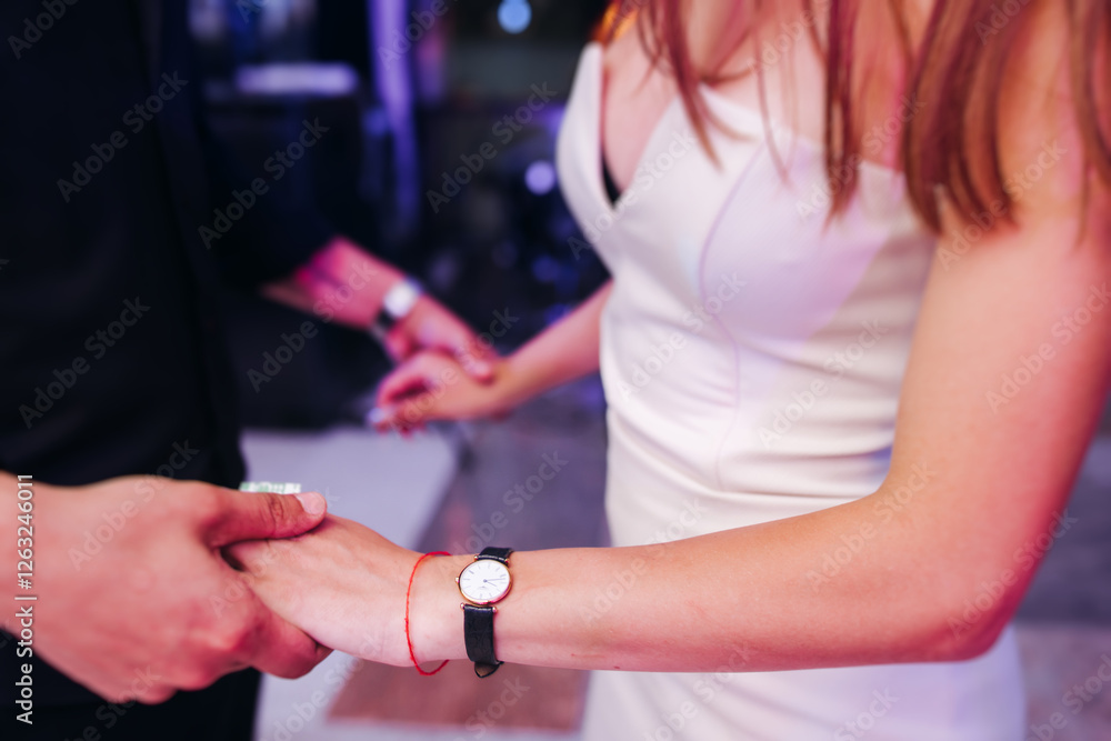 Obraz premium High school graduates dancing on prom, waltz and classical ball slow dance in dresses and suits on school graduation party, boys and girls ballroom dancers, couples dance quadrille and polonaise
