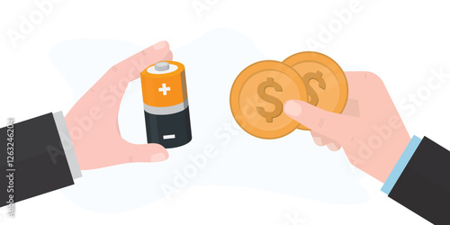 Seller give full energy battery, buyer hold money. Purchase of accumulator power element. Battery indicator and human hands sign isolated on white background. Business concept