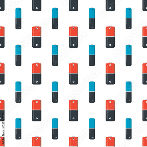 Seamless pattern with various battery icons. Texture pattern with battery indicator signs isolated on white background. Accumulator power elements, wallpaper template.
