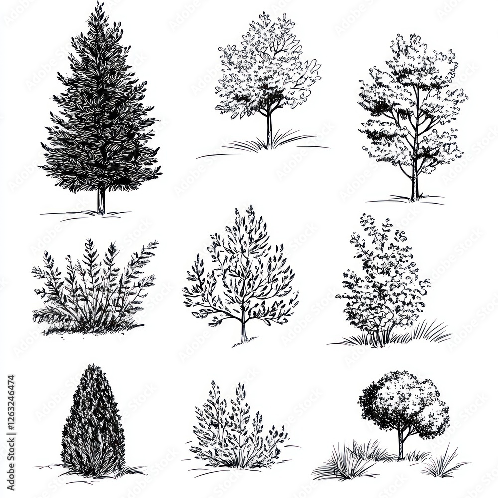 Fototapeta premium Nine Ink Drawings of Various Trees and Shrubs