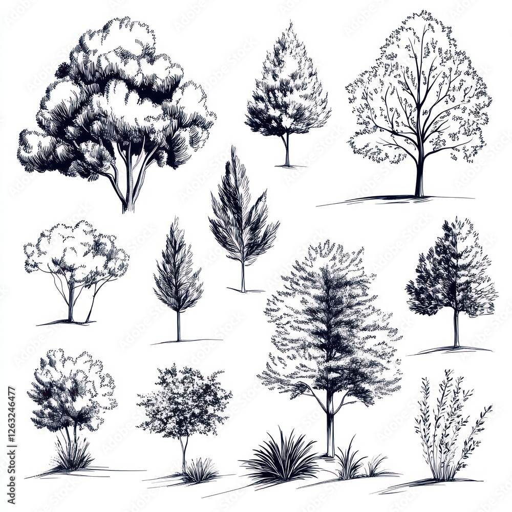 Fototapeta premium Ink Drawings of Various Trees and Shrubs