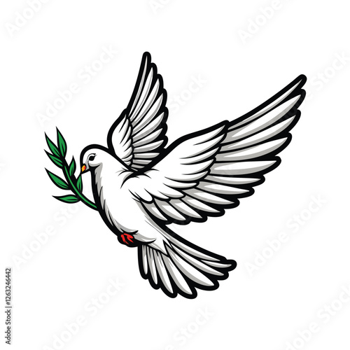 Editable vector illustration of a graceful dove carrying an olive branch, clean lines, symbolic peace.