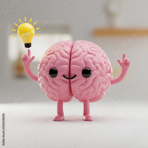 Cute Cartoon Brain with Lightbulb Symbolizing Ideas and Creativity