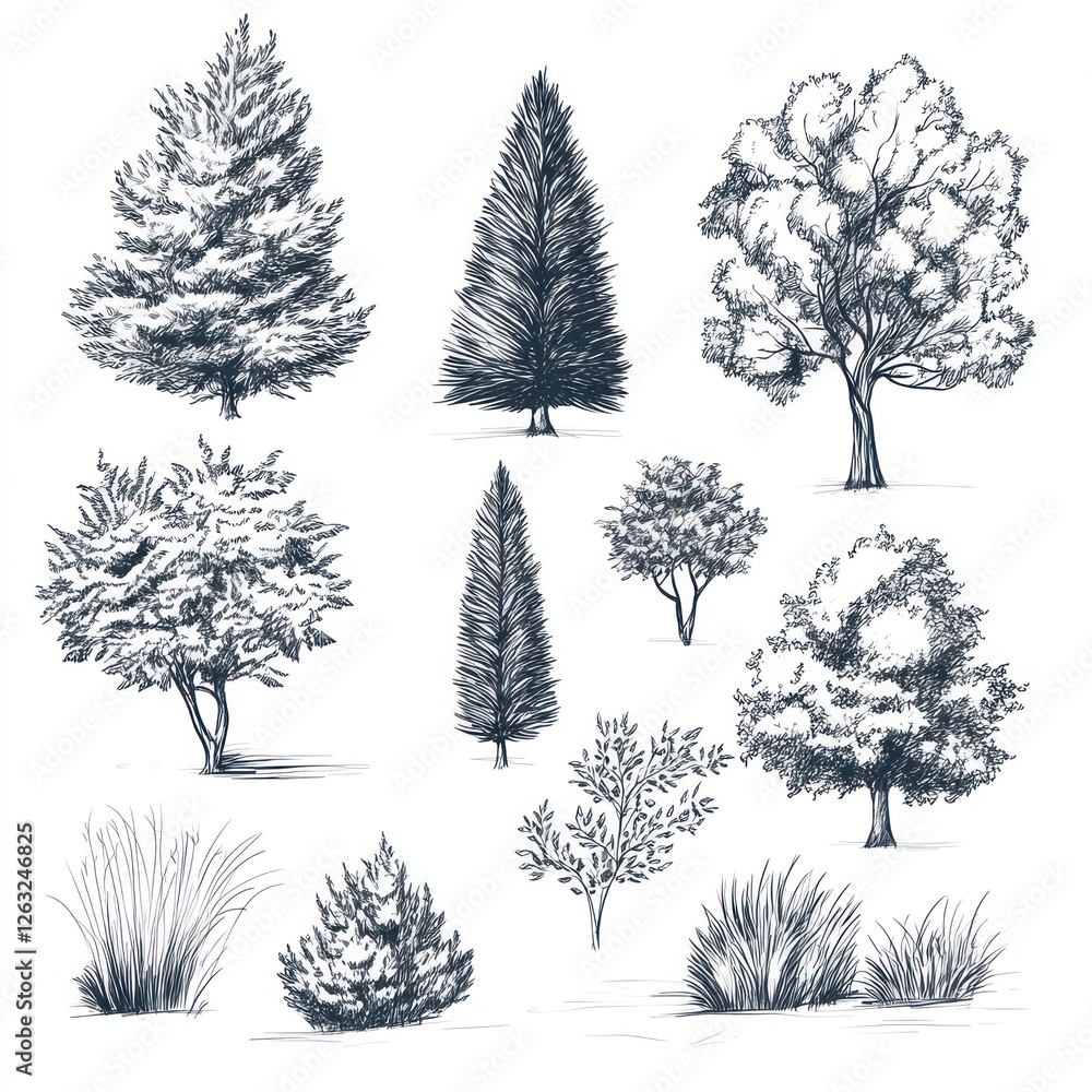 Fototapeta premium Hand Drawn Illustrations Of Various Trees And Plants