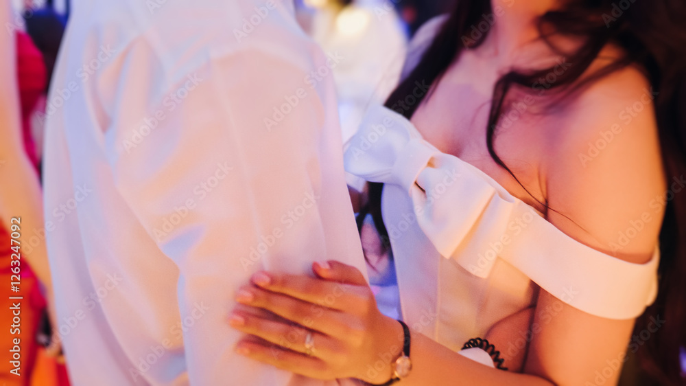 Obraz premium High school graduates dancing on prom, waltz and classical ball slow dance in dresses and suits on school graduation party, boys and girls ballroom dancers, couples dance quadrille and polonaise