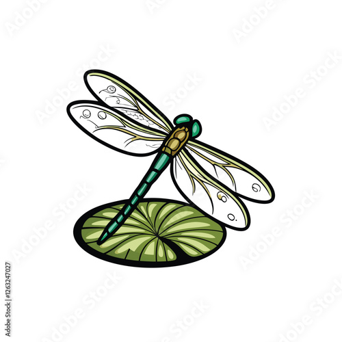 Create an editable stroke vector graphic of a detailed dragonfly delicately perched atop a vibrant water lily.  High-resolution, clean lines.