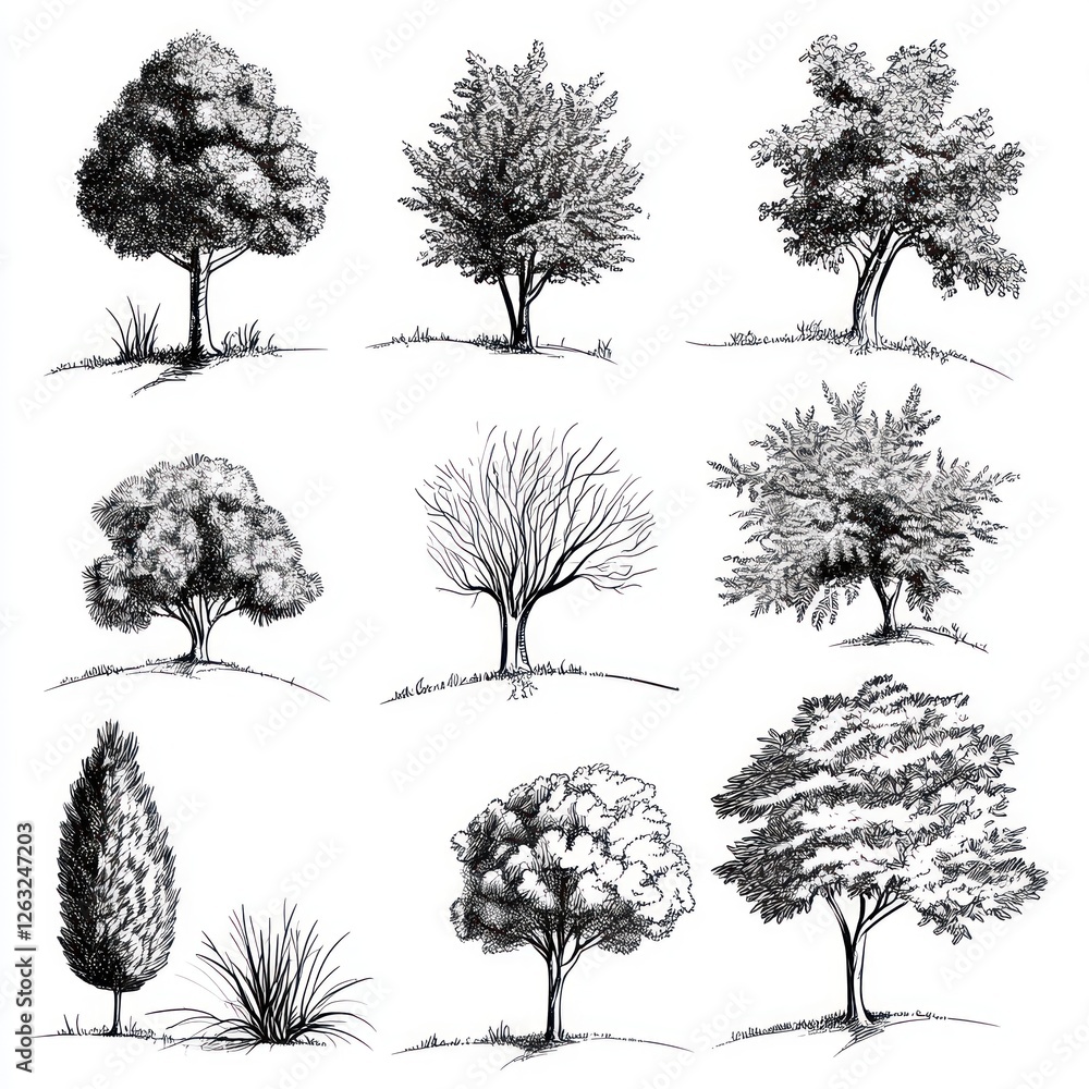 Fototapeta premium Collection Of Hand Drawn Black And White Trees