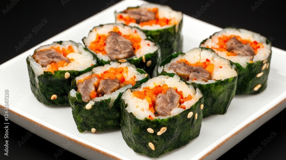 Plate of korean gimbap rolls with meat and vegetables served on a table Plate of korean gimbap rolls with meat and vegetables served on a table