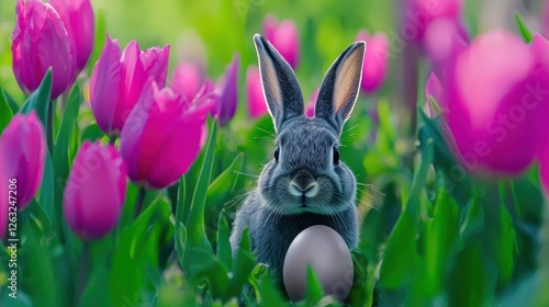 A gray bunny peeks from behind pink tulips in a green meadow, eyes fixed on a beautifully detailed Heister egg. photo