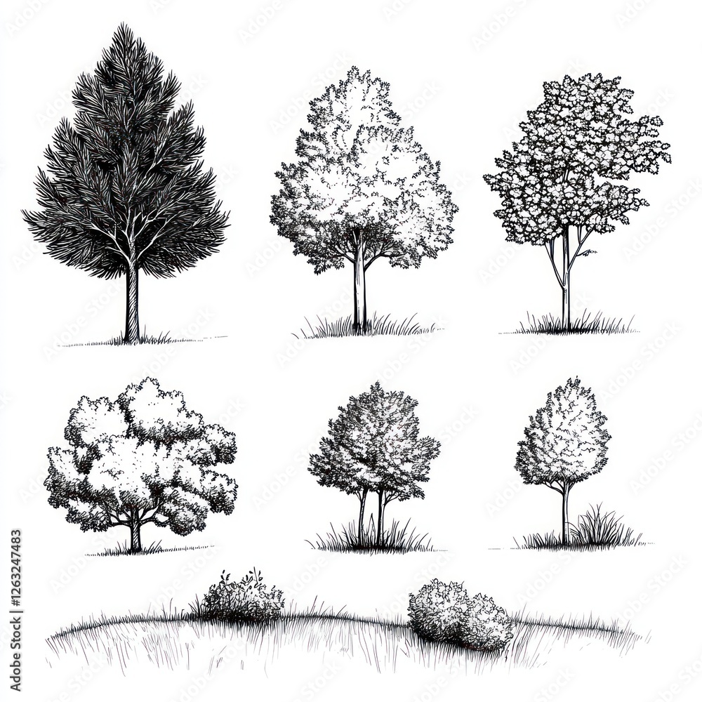 Fototapeta premium Black Ink Drawings Of Various Tree Types And Sizes