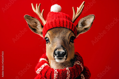 Cute Christmas reindeer on a red background. Christmas background, banner, or card. photo