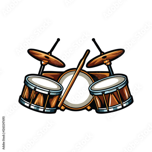 Create a clean, editable vector illustration of a realistic drum set with drumsticks.  Include hi-hat, snare, bass drum, toms.