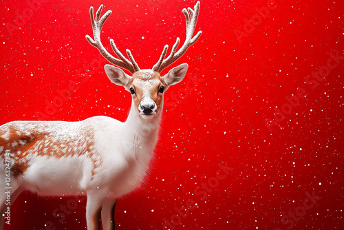 Cute Christmas reindeer on a red background. Christmas background, banner, or card. photo