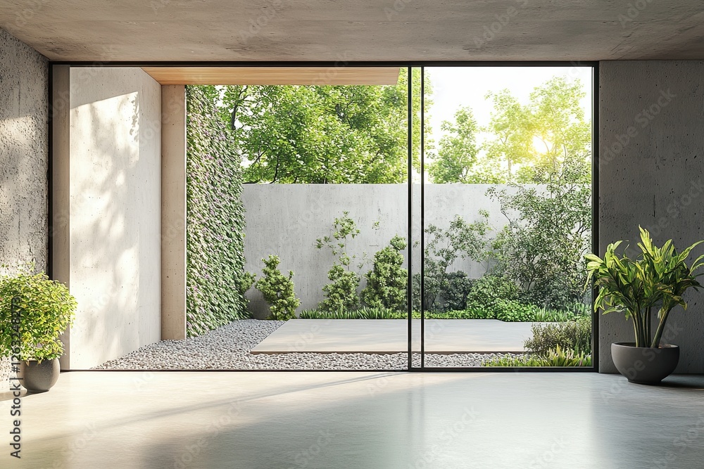 Fototapeta premium Modern loft empty room with open door to garden 3d render. Room. has concrete and wooden plank wall, panoramic window.
