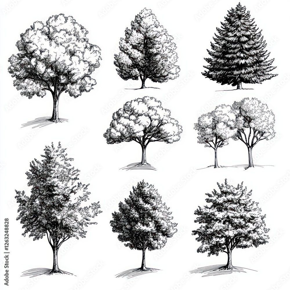 Fototapeta premium Detailed Ink Drawings of Various Tree Species
