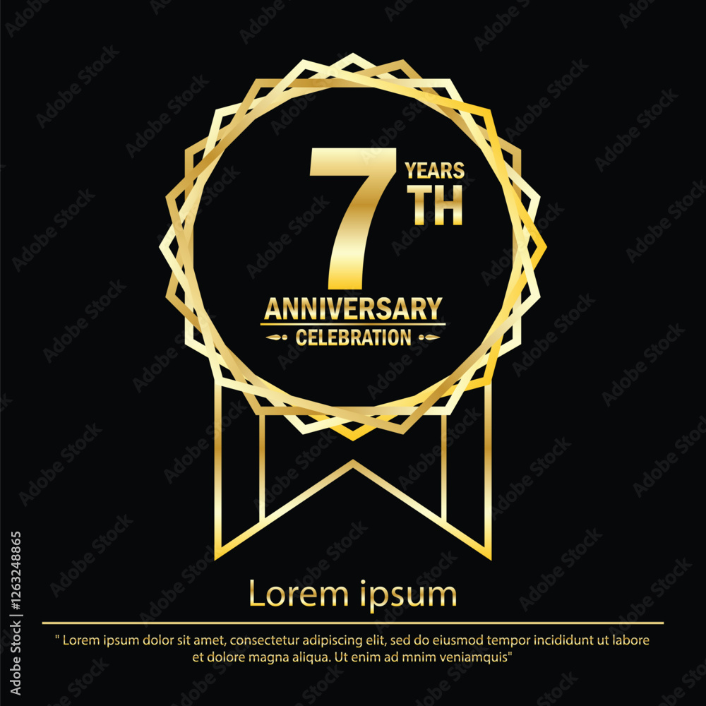 Naklejka premium 7th years anniversary celebration emblem. elegant golden anniversary logo isolated with medal badge and ribbon on black background. vector illustration template design