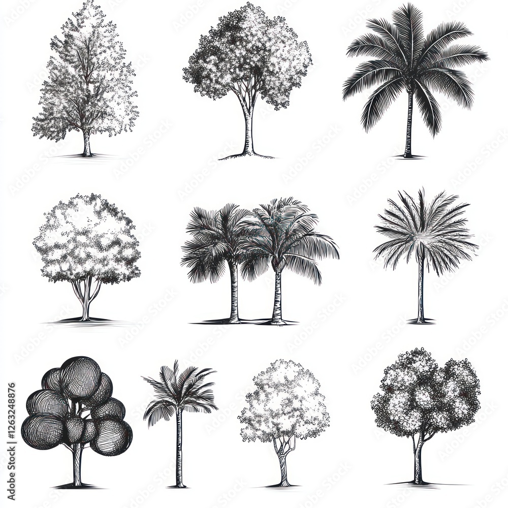 Fototapeta premium Collection Of Hand Drawn Trees And Palm Trees