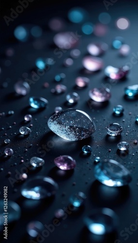 Delicate shards of broken glass scattered on a dark surface, Sparkling, Fragmented