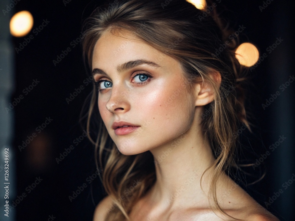 Portrait of young woman, soft lighting, bokeh background, dramatic contrast, ethereal beauty, hazel eyes, delicate features, long brown hair, contemplative expression, cinematic atmosphere Portrait of young woman, soft lighting, bokeh background, dramatic contrast, ethereal beauty, hazel eyes, delicate features, long brown hair, contemplative expression, cinematic atmosphere