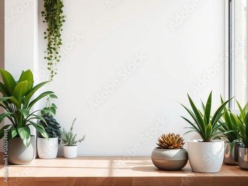 Wallpaper Mural A minimalist style indoor garden with a zen-like blank space in the center, surrounded by various potted plants and greenery, meditation, foliage, garden Torontodigital.ca