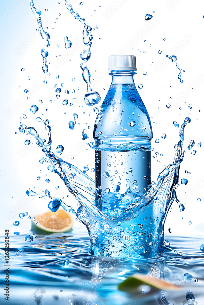 A plastic bottle in the middle and flying splashes and drops of water around a blue A plastic bottle in the middle and flying splashes and drops of water around a blue