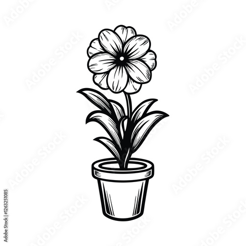 Editable vector illustration of a potted flowering plant, featuring clean lines and easily modifiable stroke weight for graphic design projects.