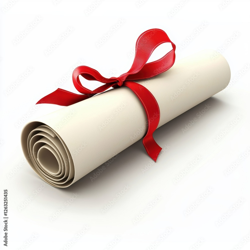 Rolled-up diploma tied with a red ribbon on a white background Rolled-up diploma tied with a red ribbon on a white background