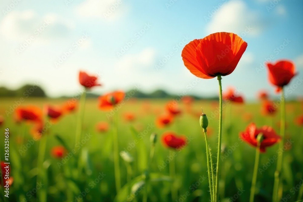 Naklejka premium Red corn poppy flowers sway above a lush green wheat field, summer, poppies, garden