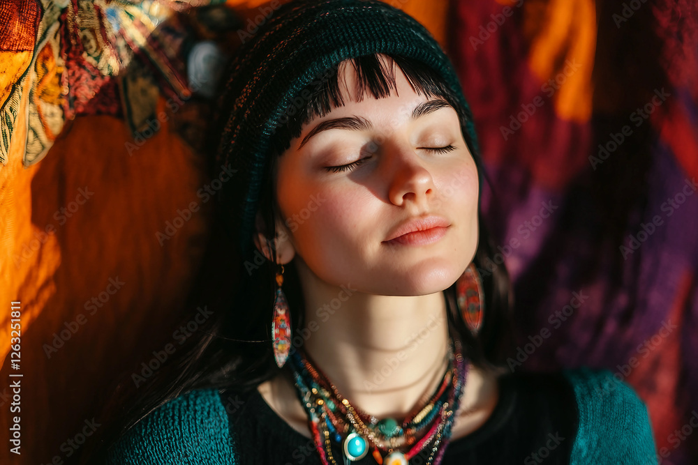 Young woman practicing mindfulness and breathing indoors, focusing on mental health and relaxation, Generative AI Young woman practicing mindfulness and breathing indoors, focusing on mental health and relaxation, Generative AI