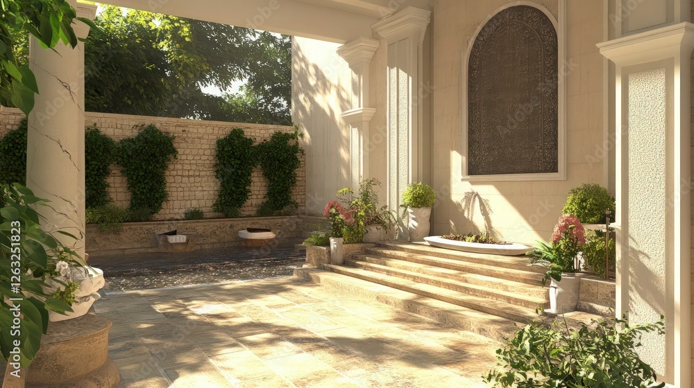 Fototapeta premium Luxurious Mediterranean patio, sun-drenched terrace, arched doorways, cream stone columns, potted plants, dappled sunlight, tiled floor, elegant outdoor space, peaceful courtyard,